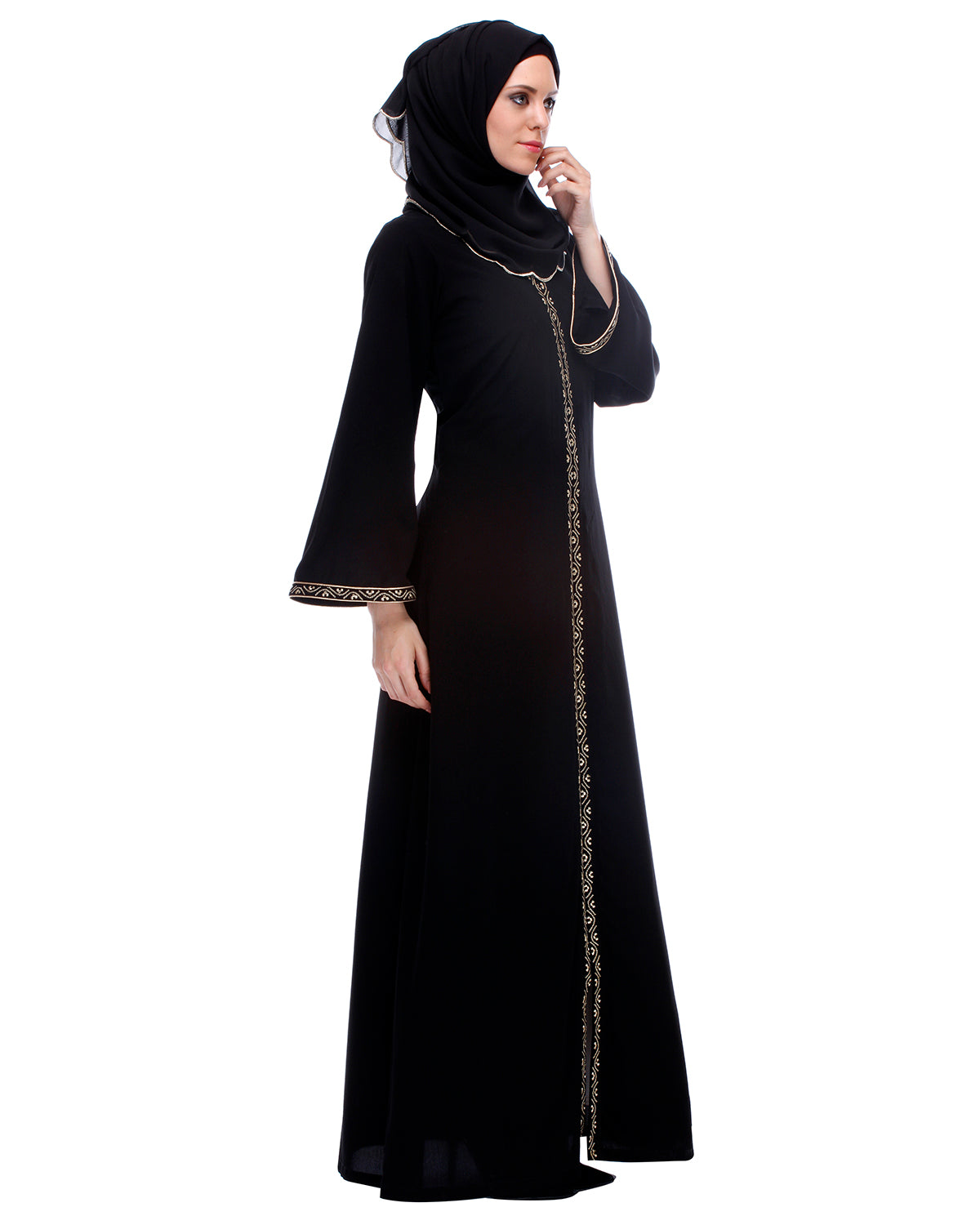 Classic Black Abaya With Golden Zari Embroidery