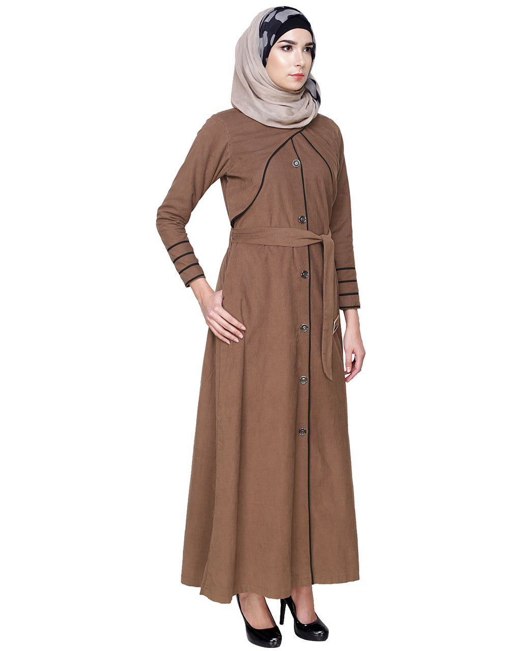 Brown Coat Abaya with Overlap Panel