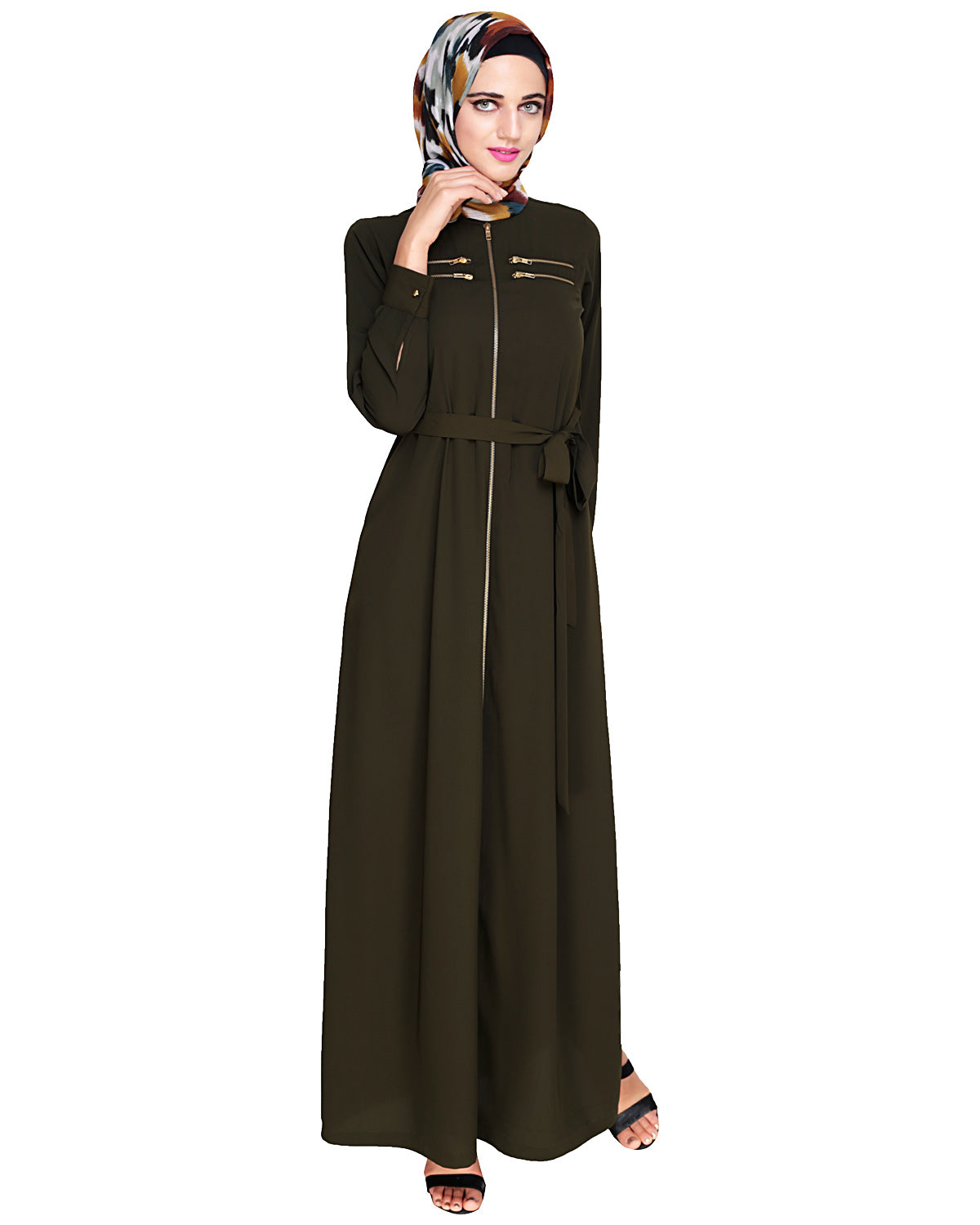 Metallic Sheen Front Zipper Abaya