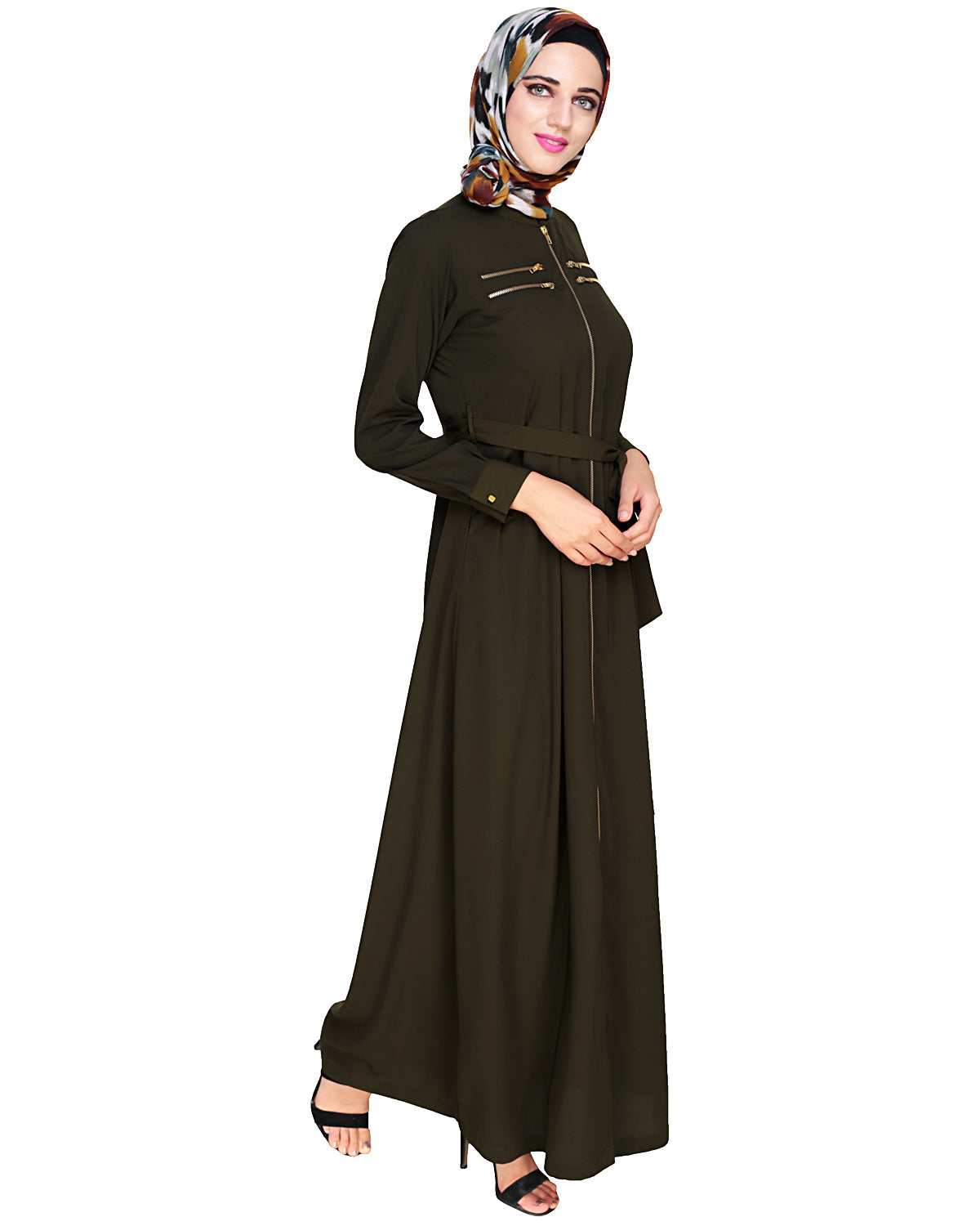 Metallic Sheen Front Zipper Abaya