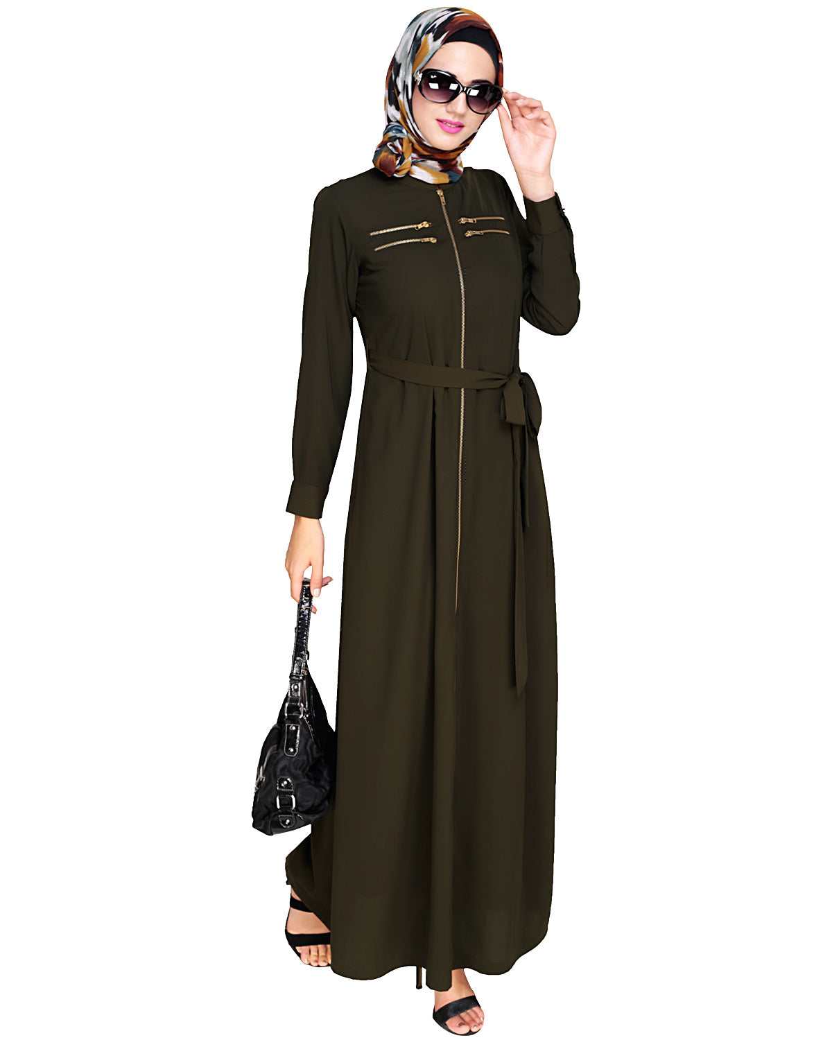 Metallic Sheen Front Zipper Abaya
