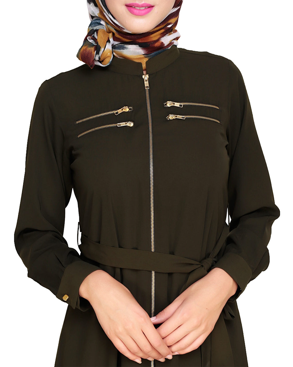 Metallic Sheen Front Zipper Abaya