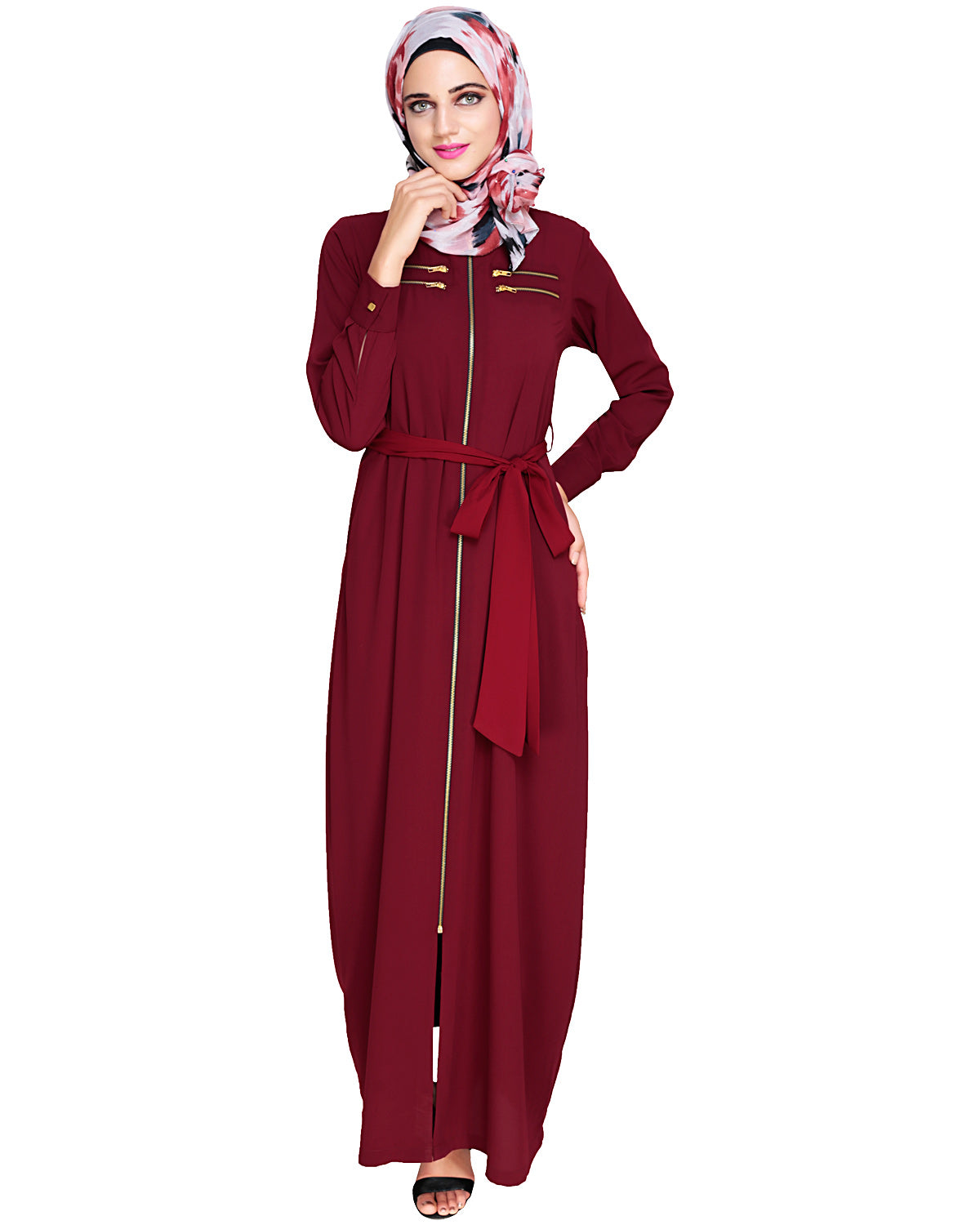 Metallic Sheen Front Zipper Abaya