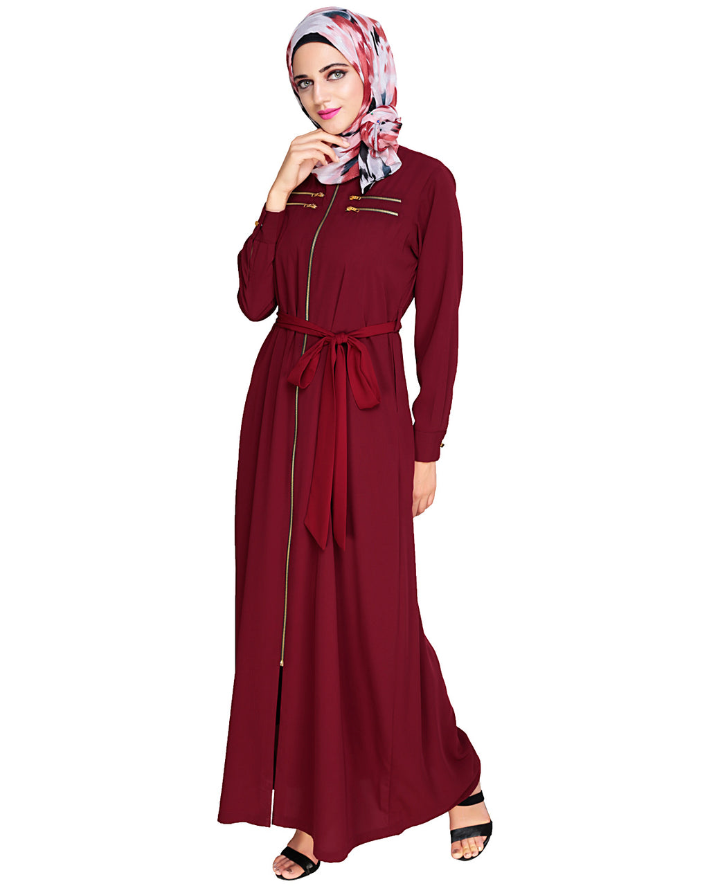 Metallic Sheen Front Zipper Abaya