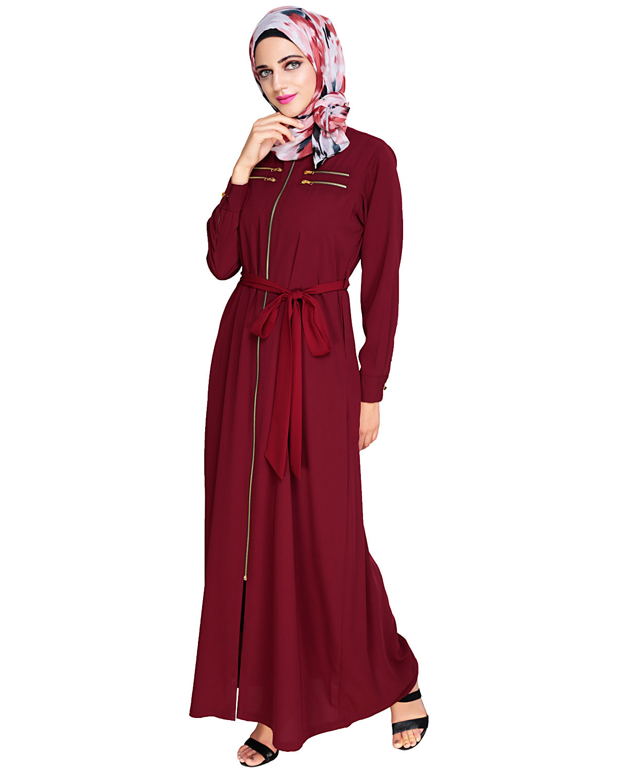 Metallic Sheen Front Zipper Abaya