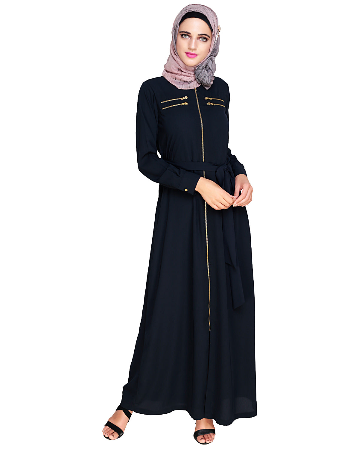 Metallic Sheen Front Zipper Abaya