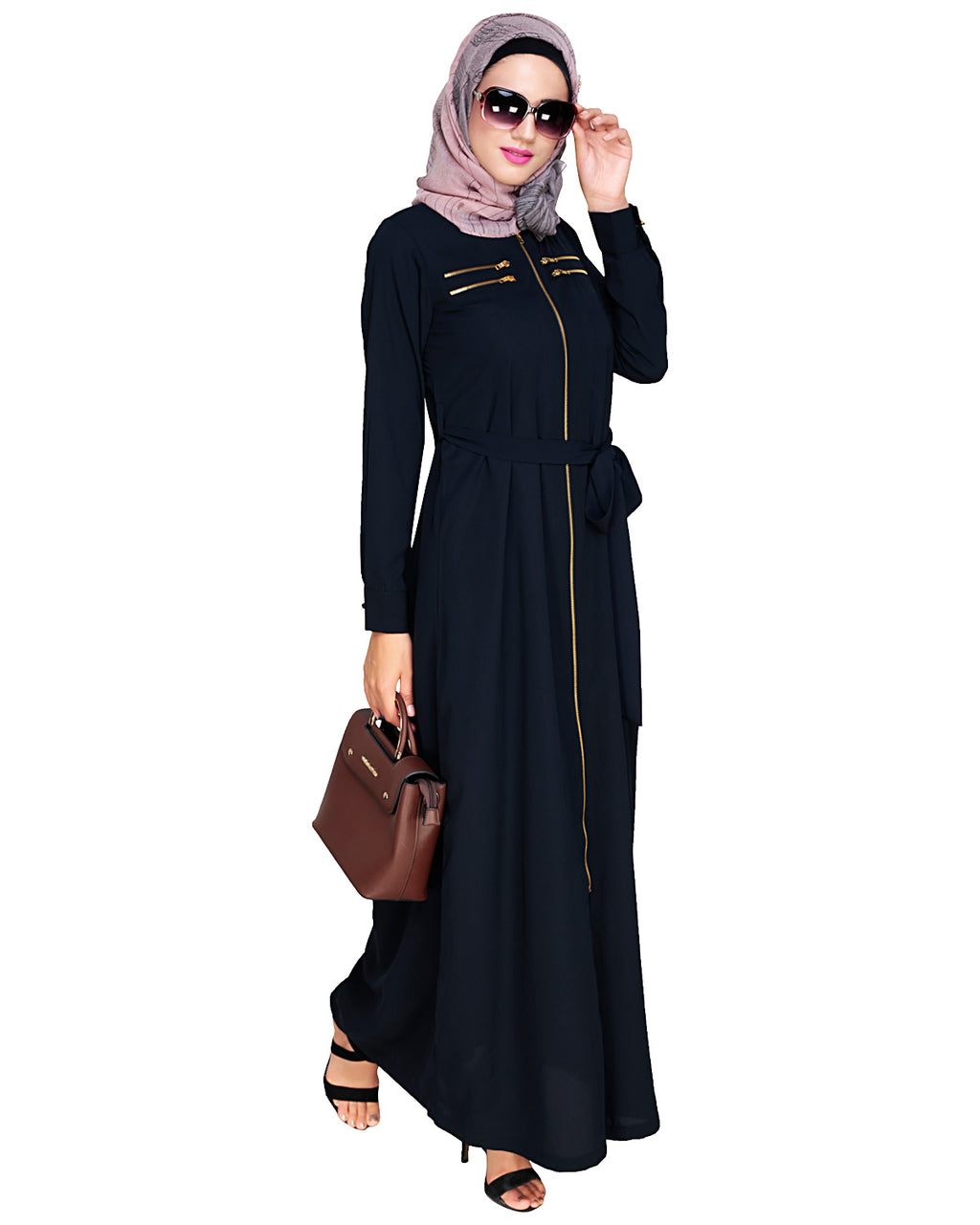 Metallic Sheen Front Zipper Abaya