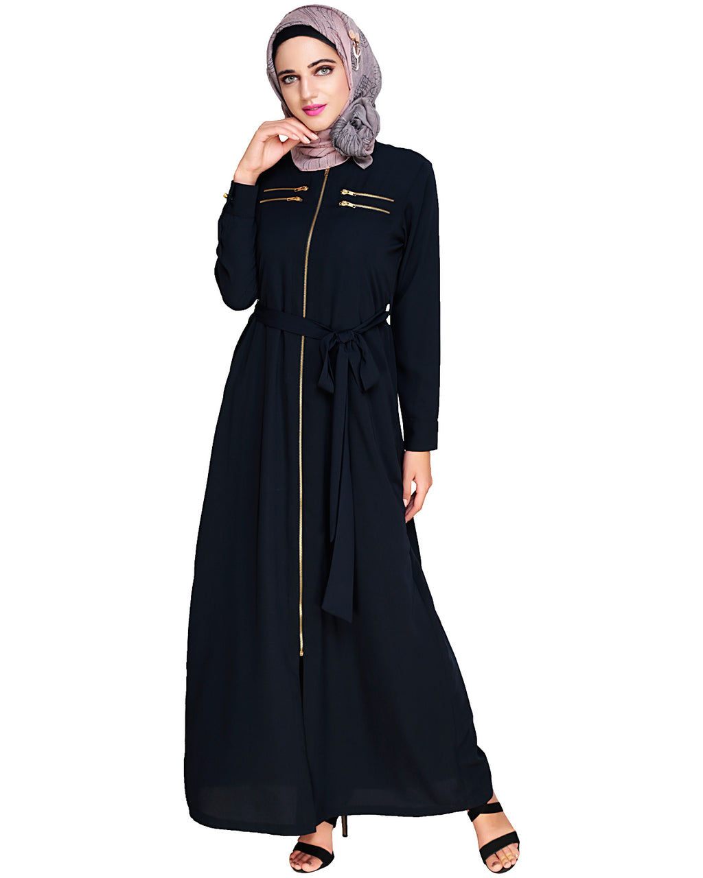 Metallic Sheen Front Zipper Abaya