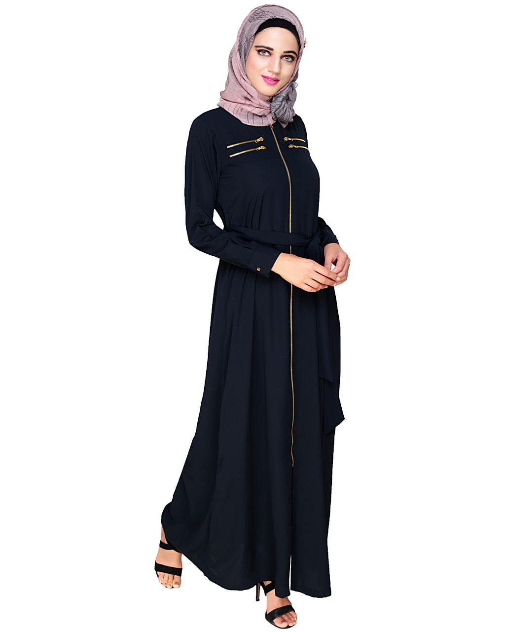 Metallic Sheen Front Zipper Abaya