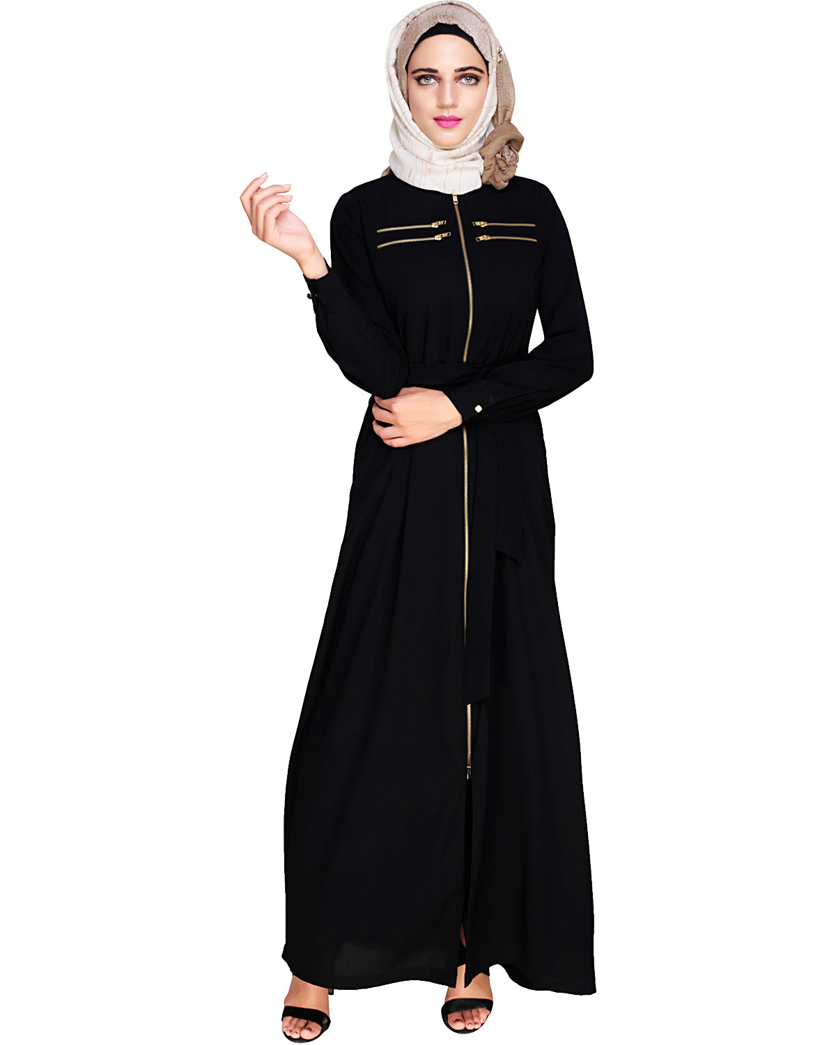 Metallic Sheen Front Zipper Abaya