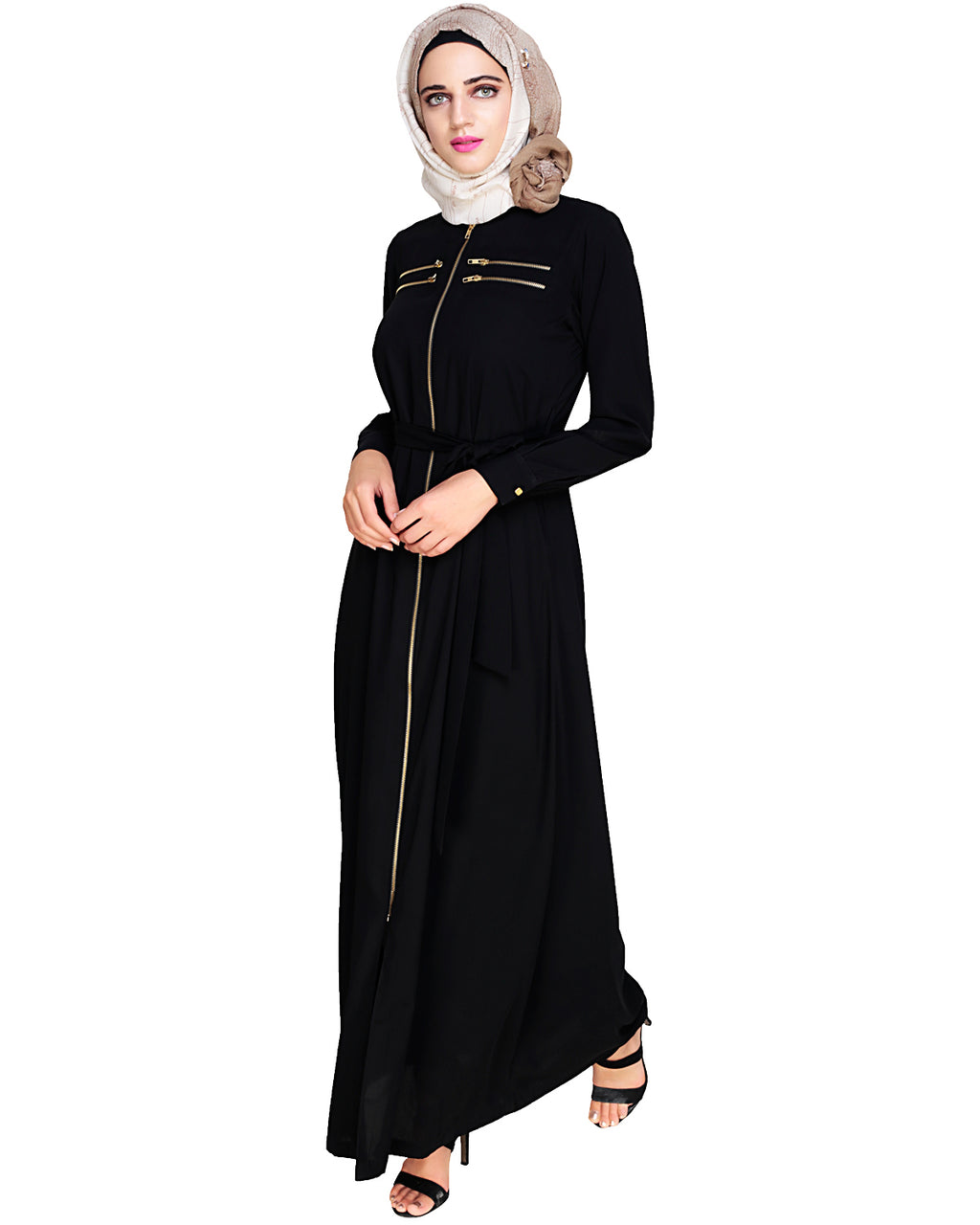 Metallic Sheen Front Zipper Abaya