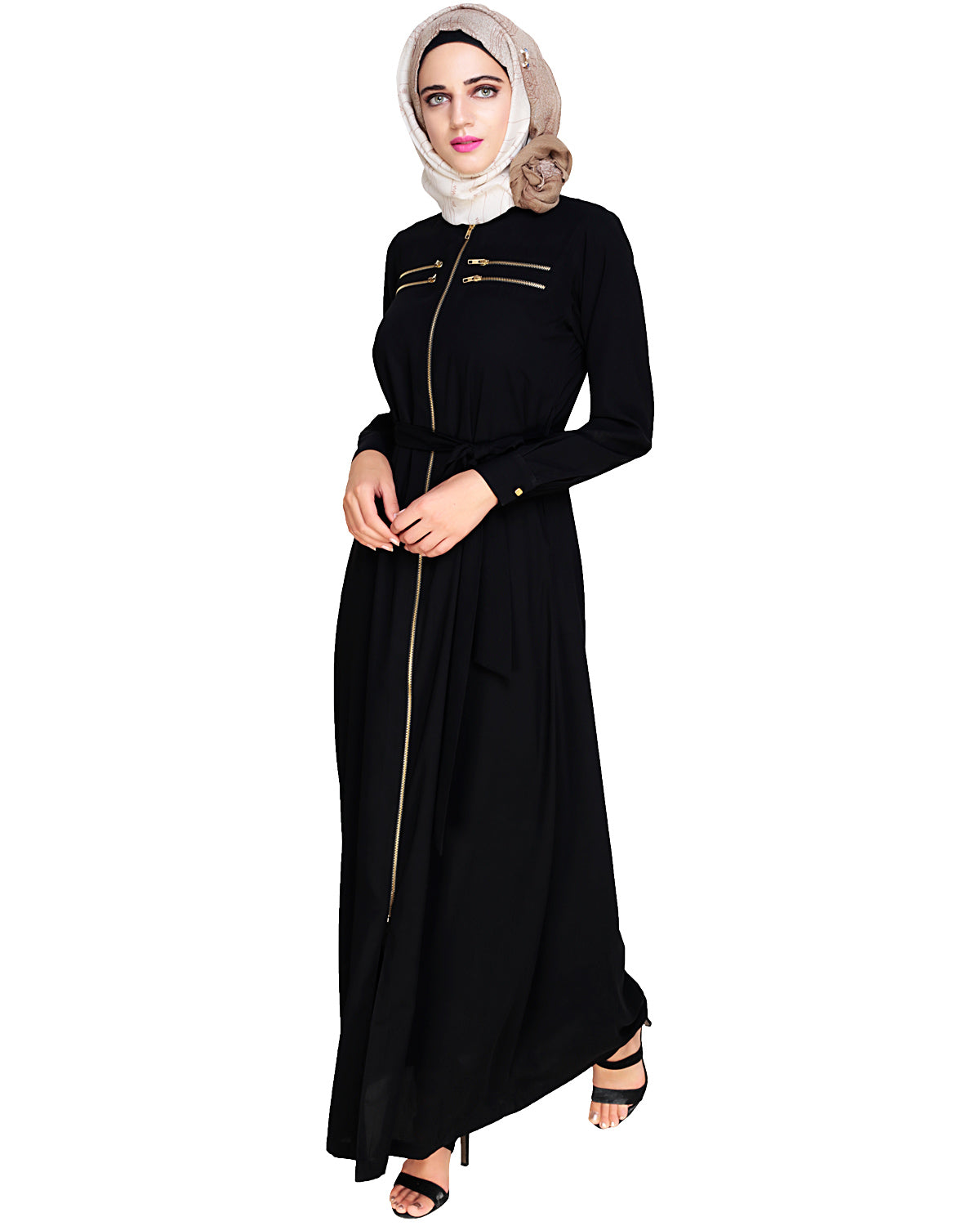 Metallic Sheen Front Zipper Abaya