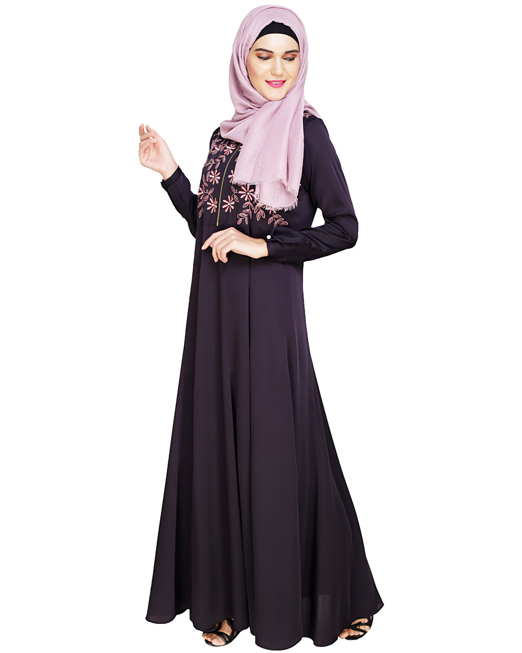 Beautiful Embroidered Yoke Dark Purple Abaya