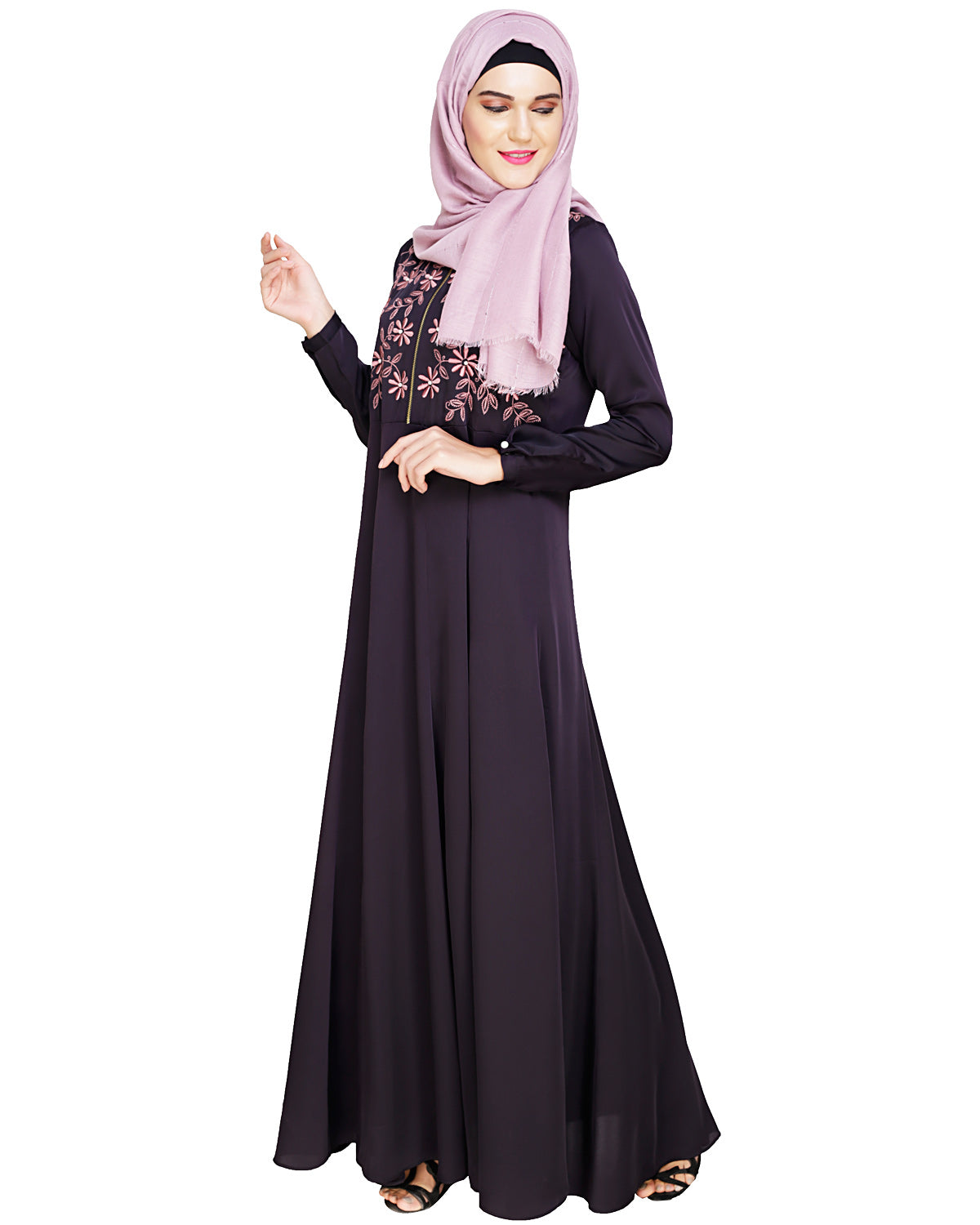 Beautiful Embroidered Yoke Dark Purple Abaya