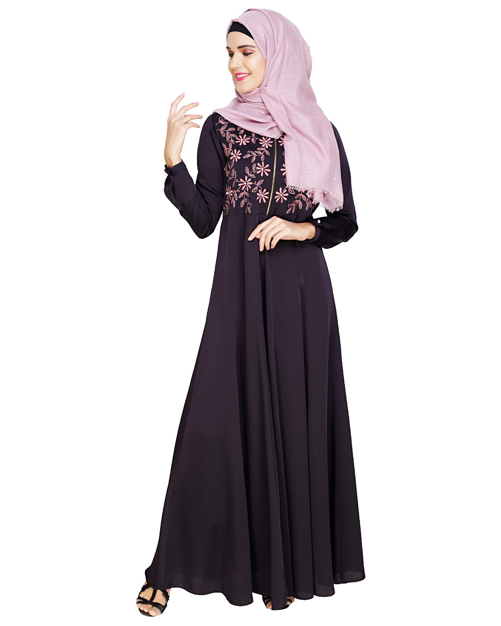 Beautiful Embroidered Yoke Dark Purple Abaya