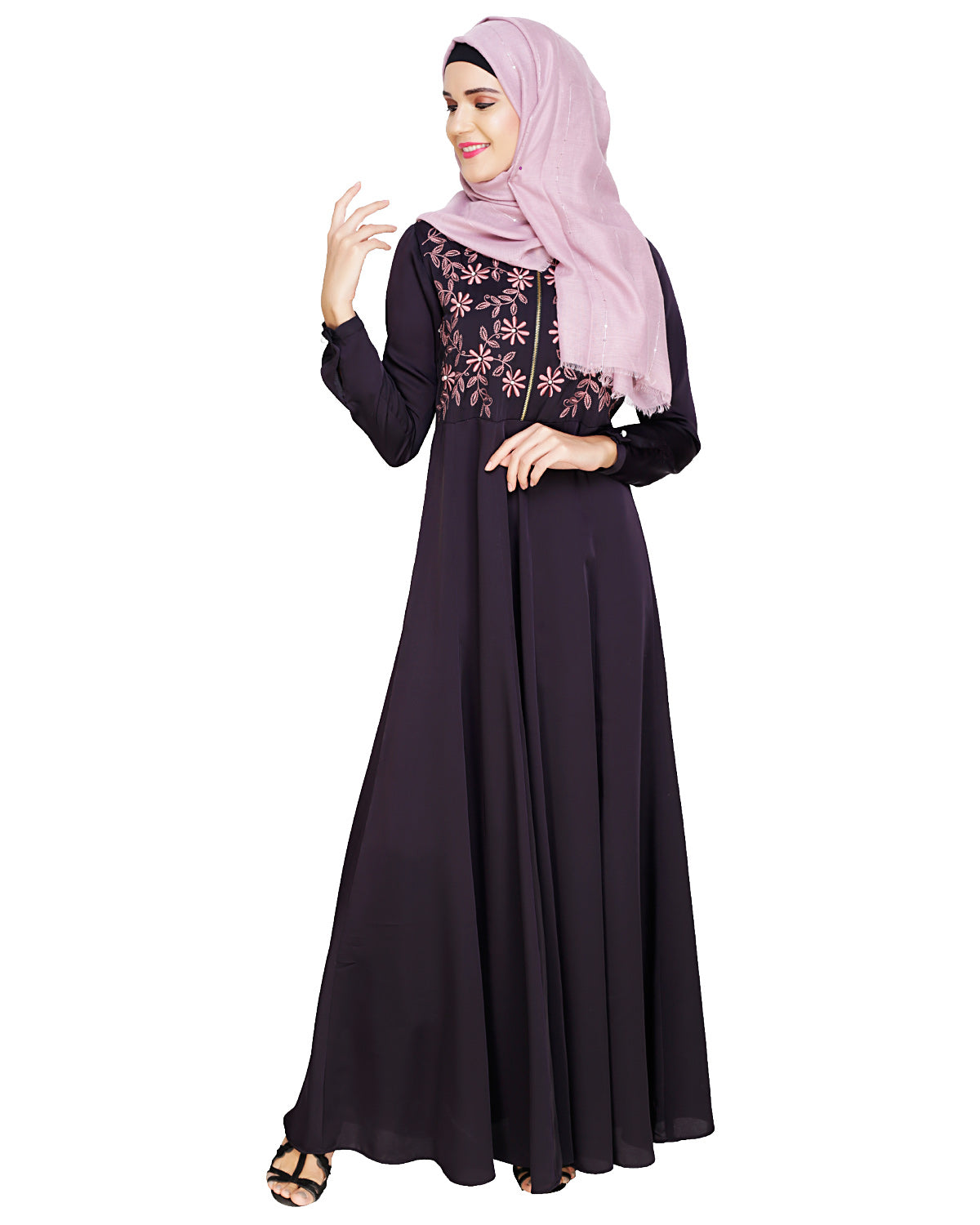 Beautiful Embroidered Yoke Dark Purple Abaya