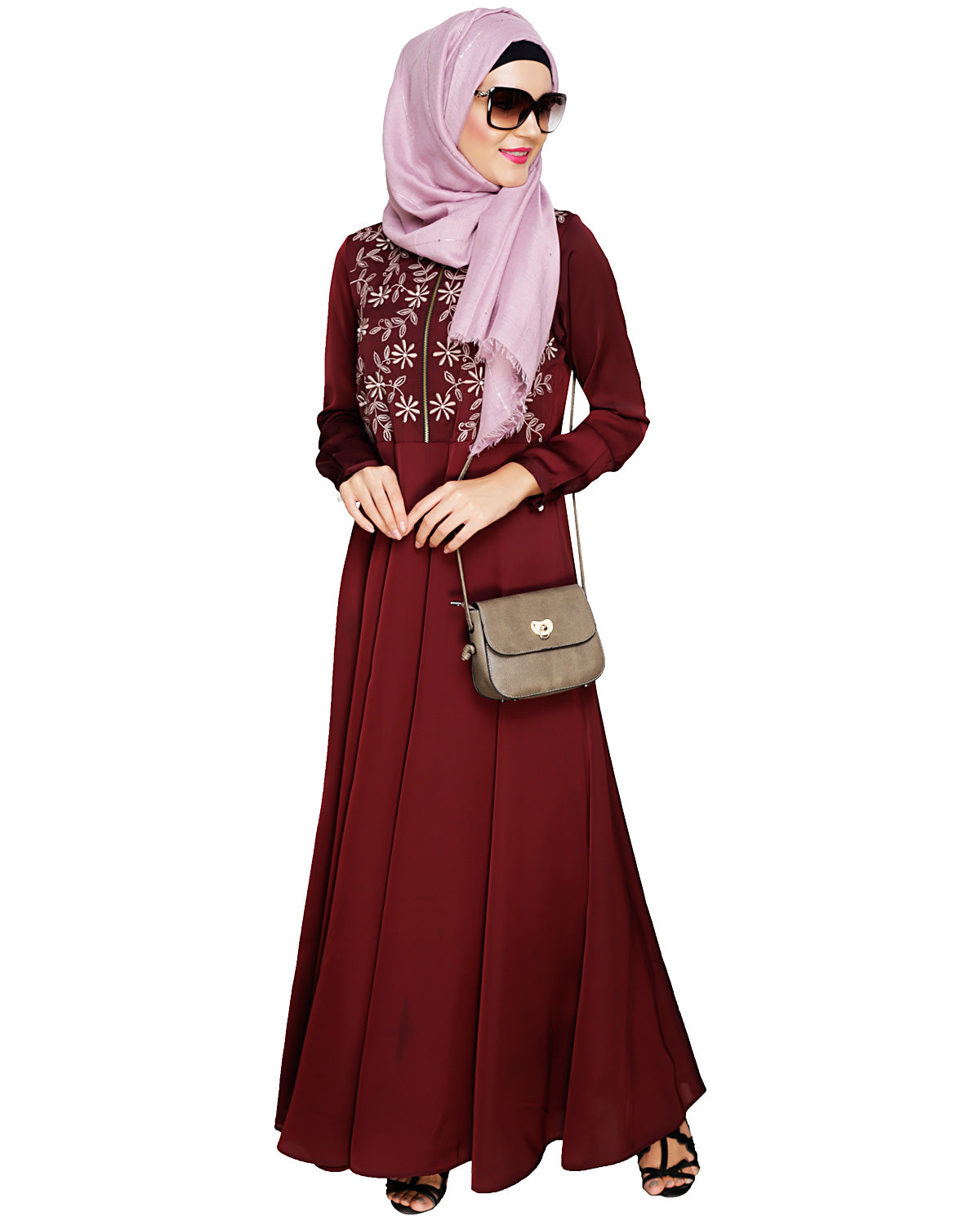 Beautiful Embroidered Yoke Dark Purple Abaya