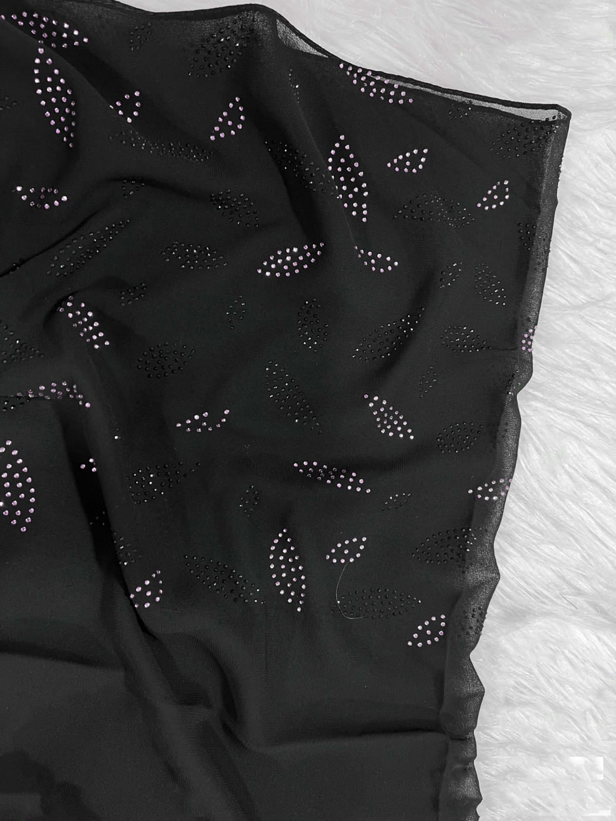 Black Georgette Hijab – Dual-Tone Crystal Leaf Design - BEINGMUSLIMS THE HIJAB SHOPPE