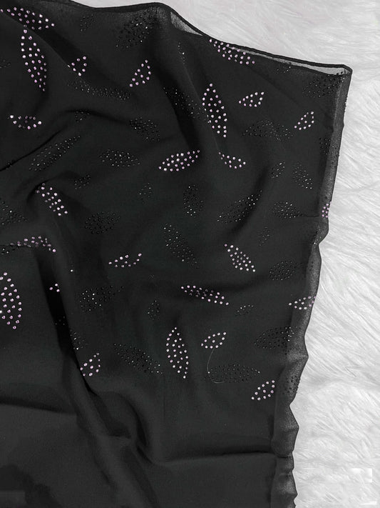 Black Georgette Hijab – Dual-Tone Crystal Leaf Design - BEINGMUSLIMS THE HIJAB SHOPPE