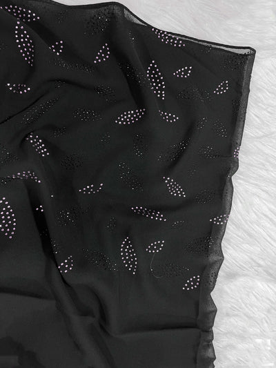 Black Georgette Hijab – Dual-Tone Crystal Leaf Design