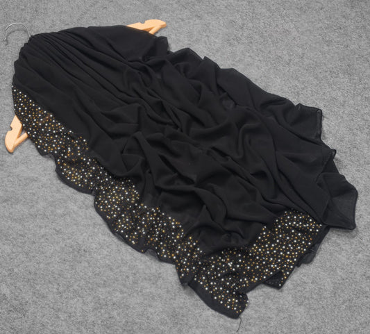Black Georgette Hijab – Golden Crystal Beaded Border - BEINGMUSLIMS THE HIJAB SHOPPE