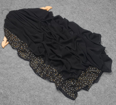 Black Georgette Hijab – Golden Crystal Beaded Border