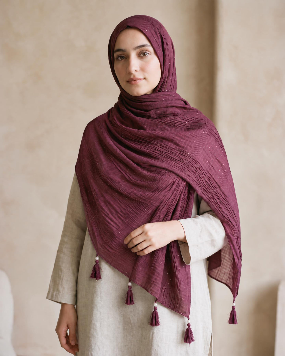 CRUSH COTTON HIJAB WITH GLITTER AND TASSELS