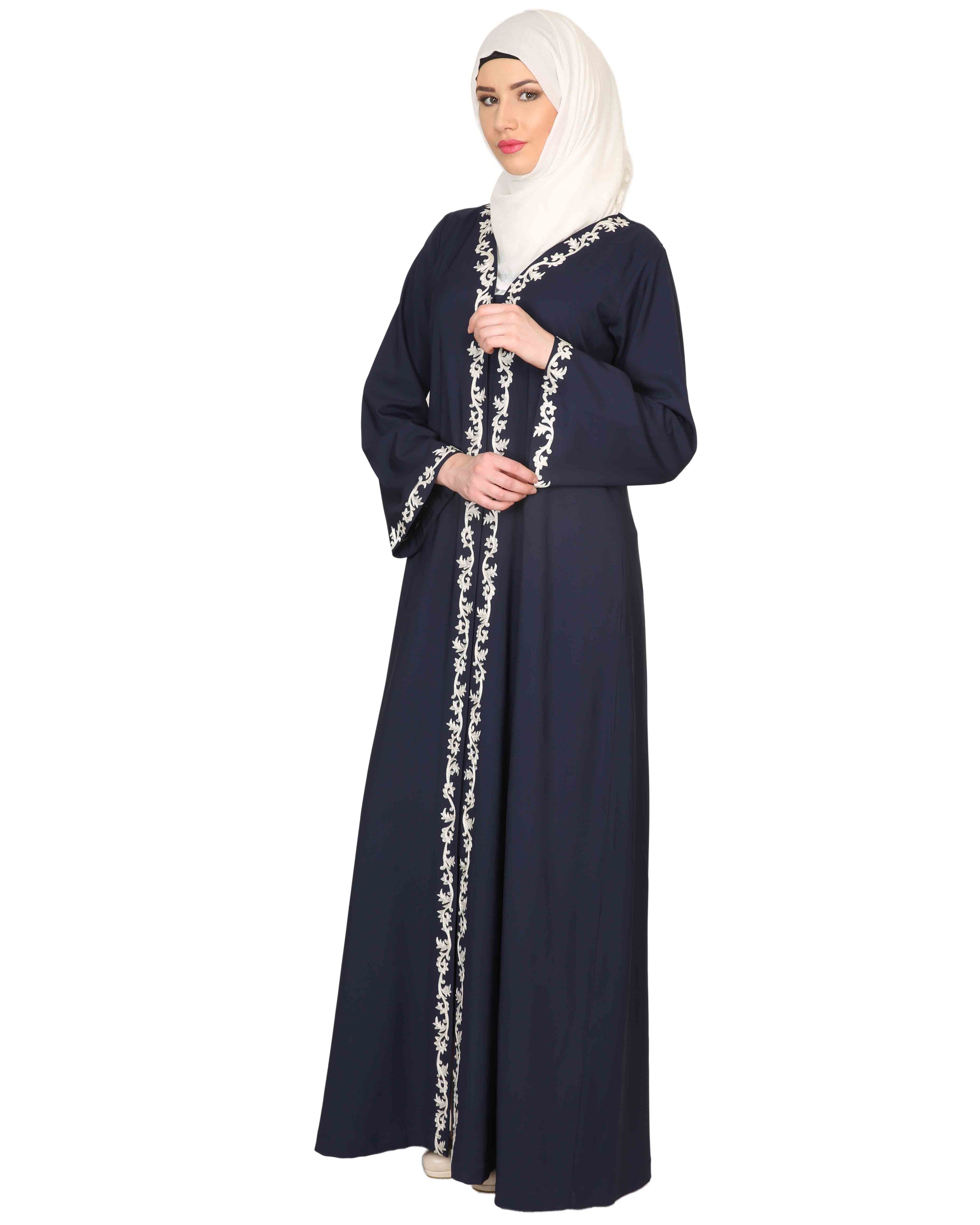 Blue Abaya with Thread embroidery