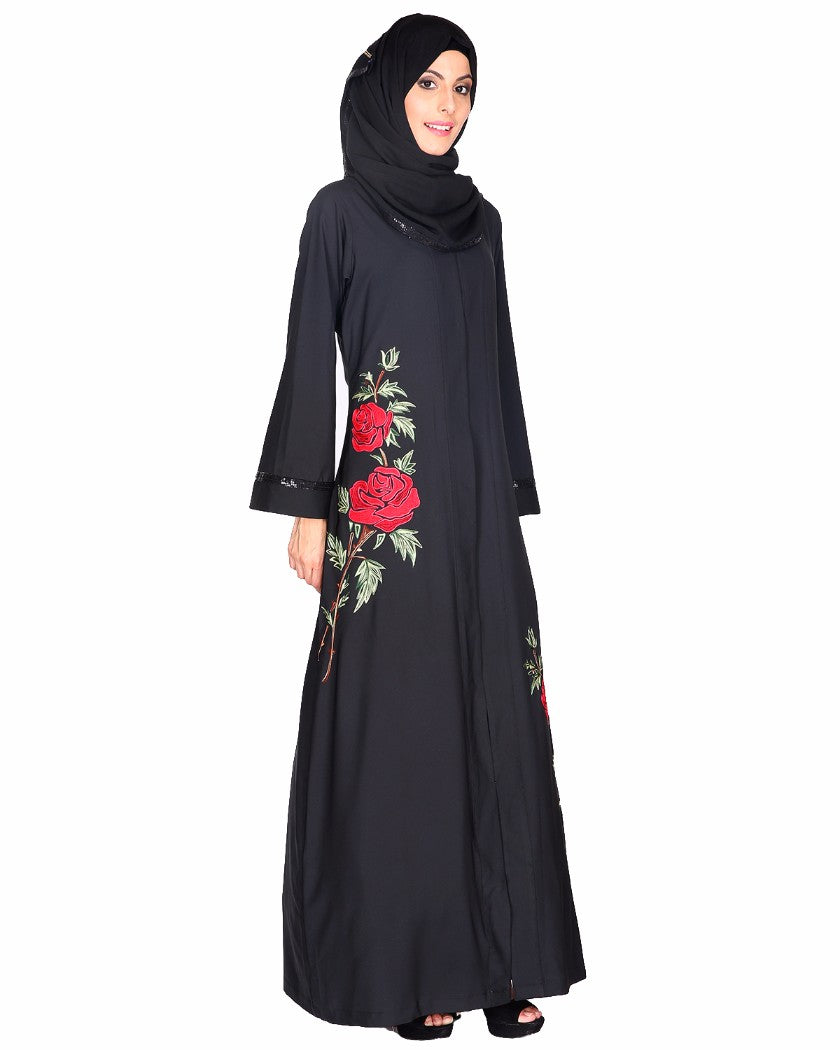 Elegant Silk-Thread Rose Embroidered Abaya