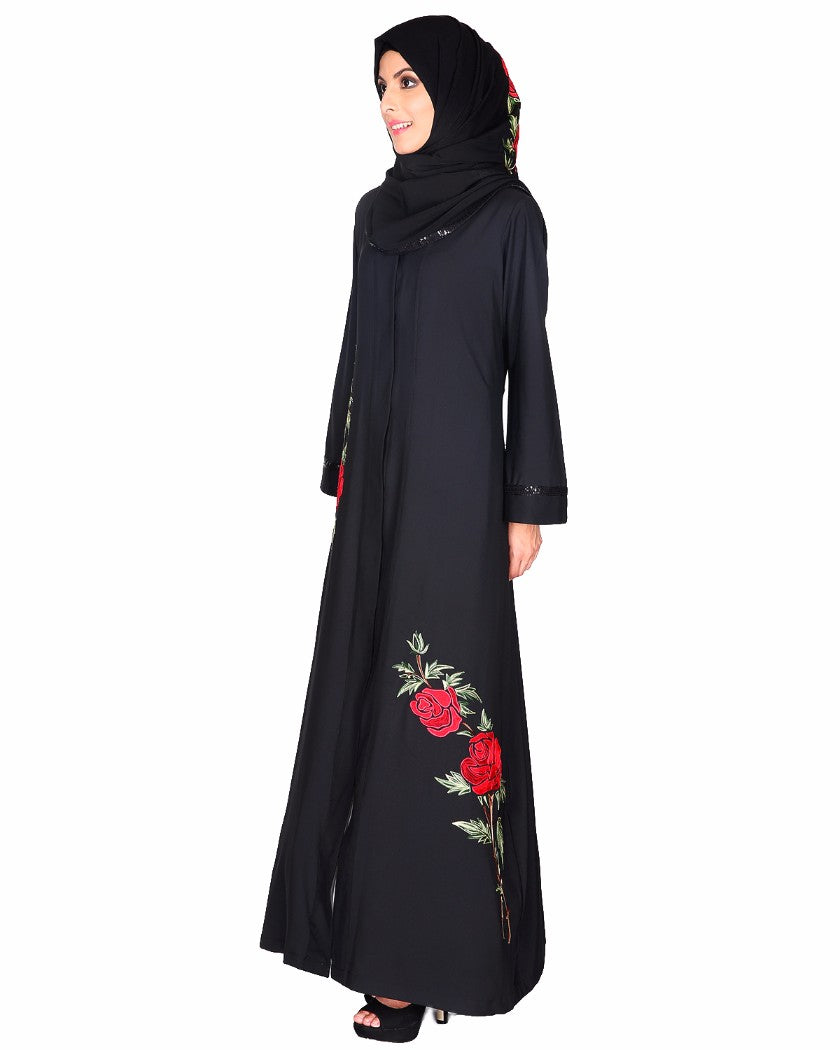 Elegant Silk-Thread Rose Embroidered Abaya