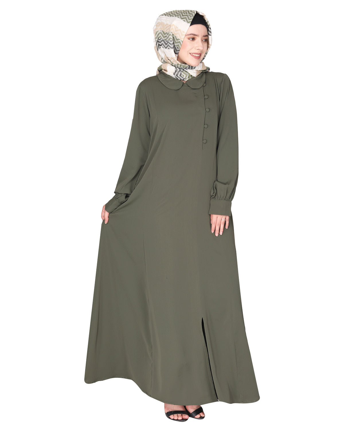 Unpretentious Abaya With Fancy Shirt Collar.