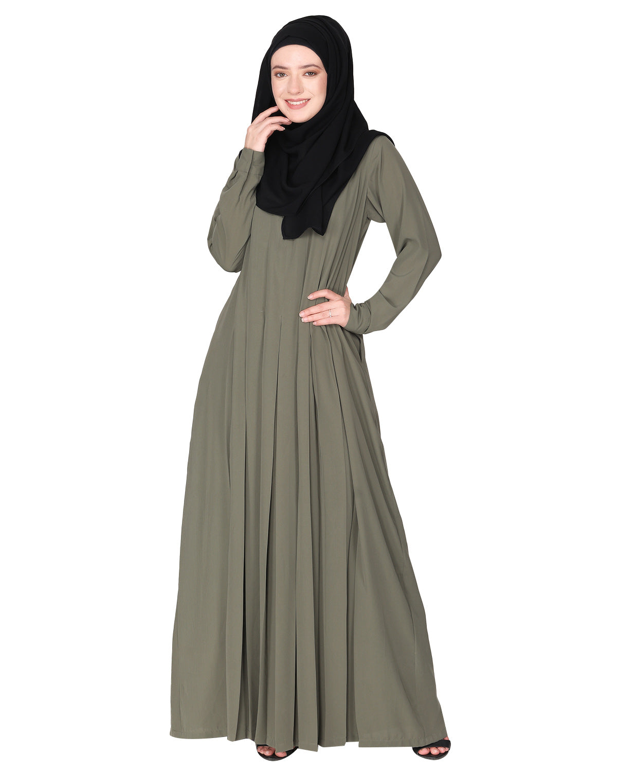 An Umbrella Style Pleated Abaya With Pinstriped Yolk