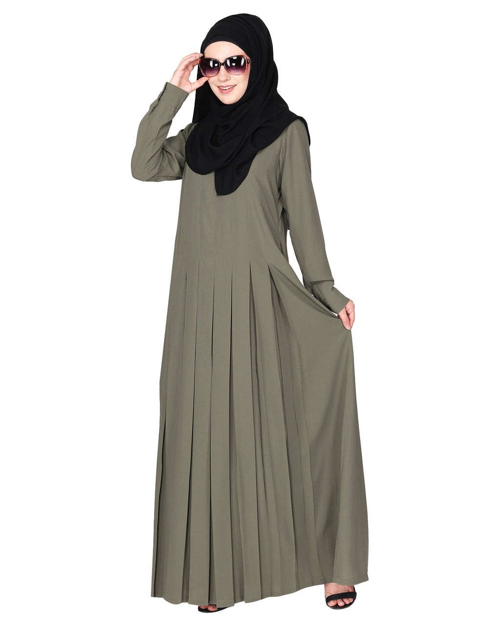 An Umbrella Style Pleated Abaya With Pinstriped Yolk