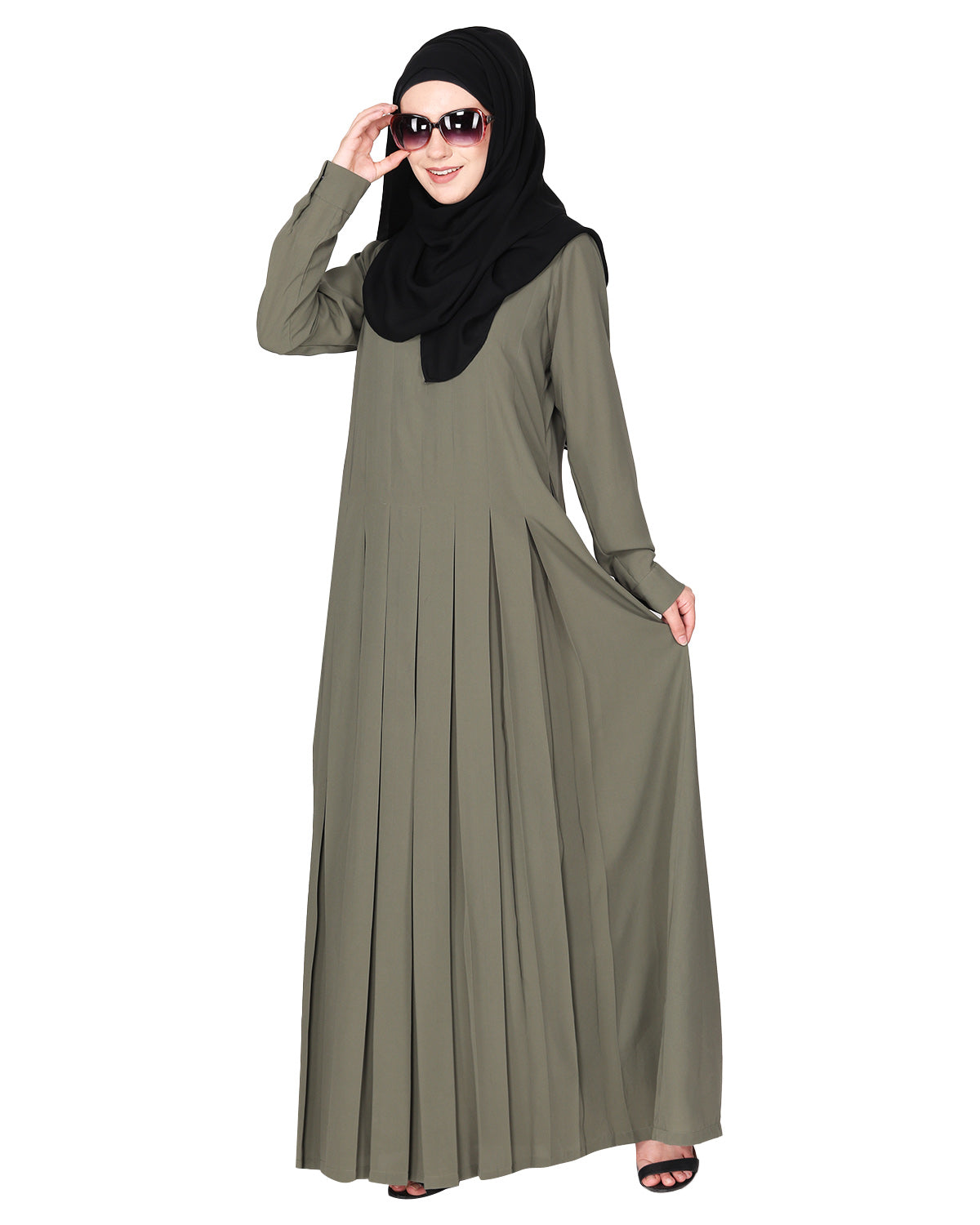 An Umbrella Style Pleated Abaya With Pinstriped Yolk
