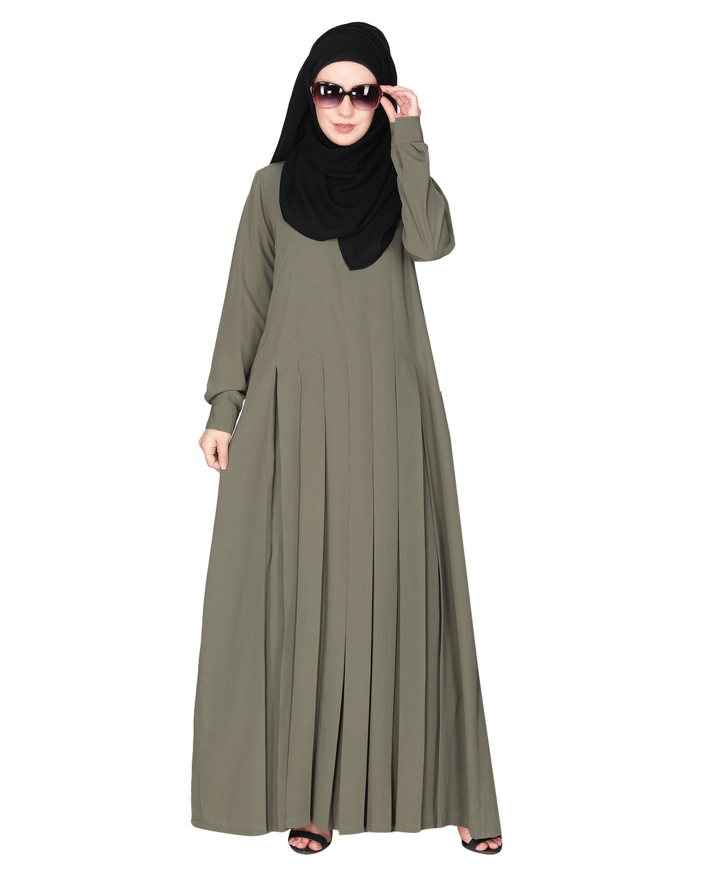 An Umbrella Style Pleated Abaya With Pinstriped Yolk
