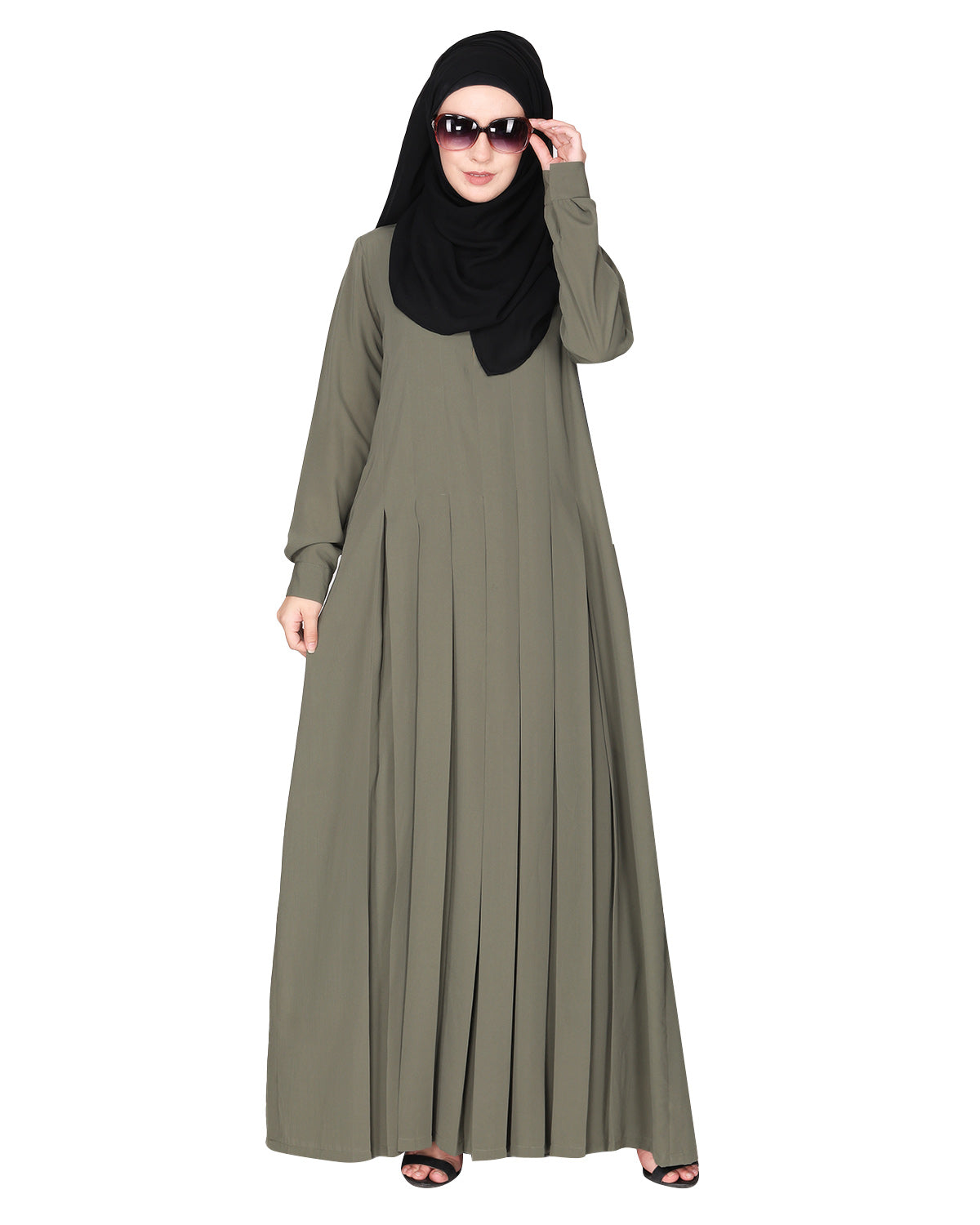 An Umbrella Style Pleated Abaya With Pinstriped Yolk