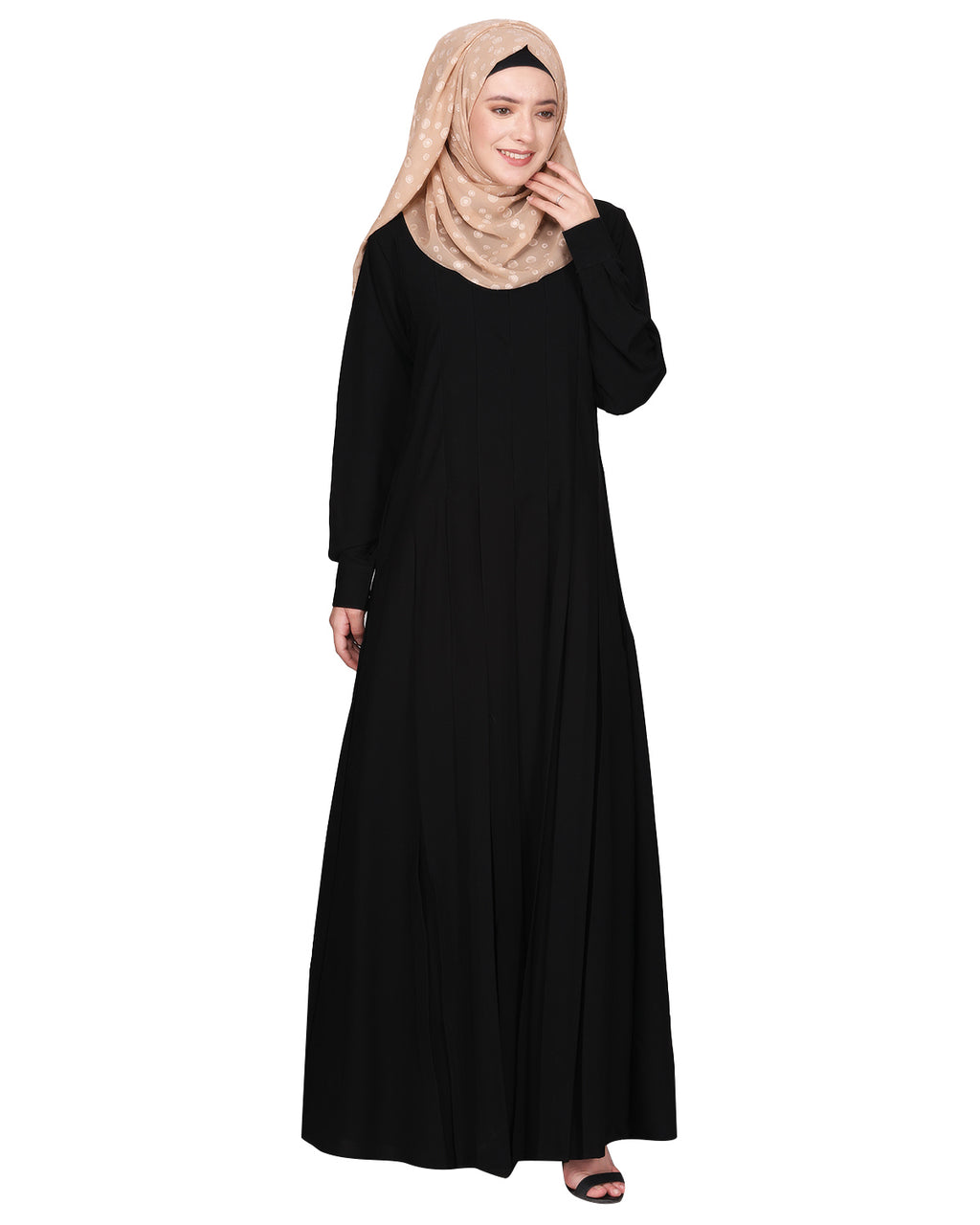 An Umbrella Style Pleated Abaya With Pinstriped Yolk