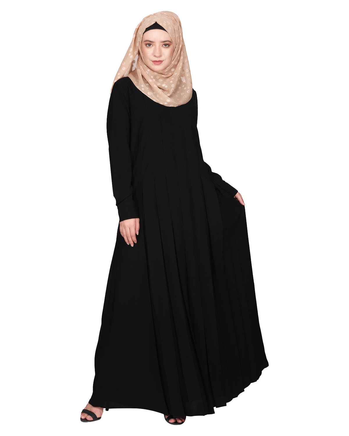 An Umbrella Style Pleated Abaya With Pinstriped Yolk