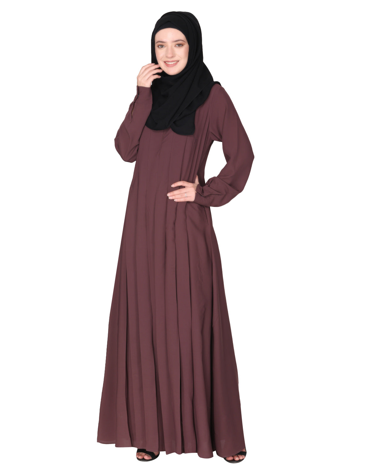 An Umbrella Style Pleated Abaya With Pinstriped Yolk