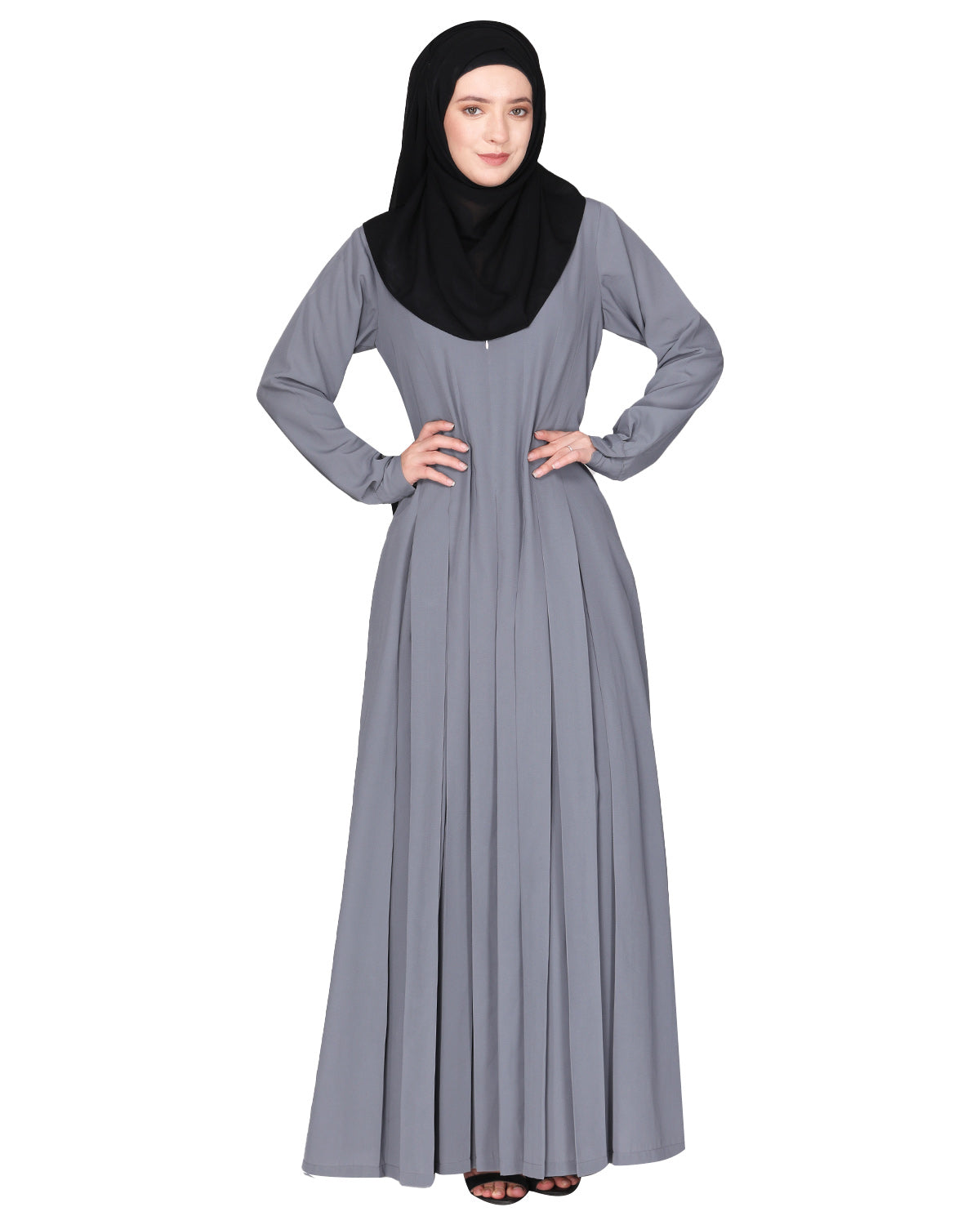An Umbrella Style Pleated Abaya With Pinstriped Yolk