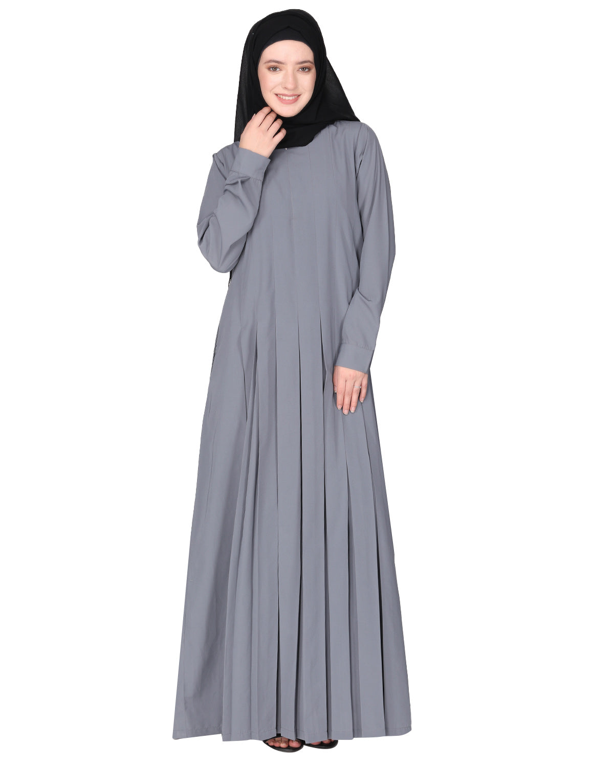 An Umbrella Style Pleated Abaya With Pinstriped Yolk