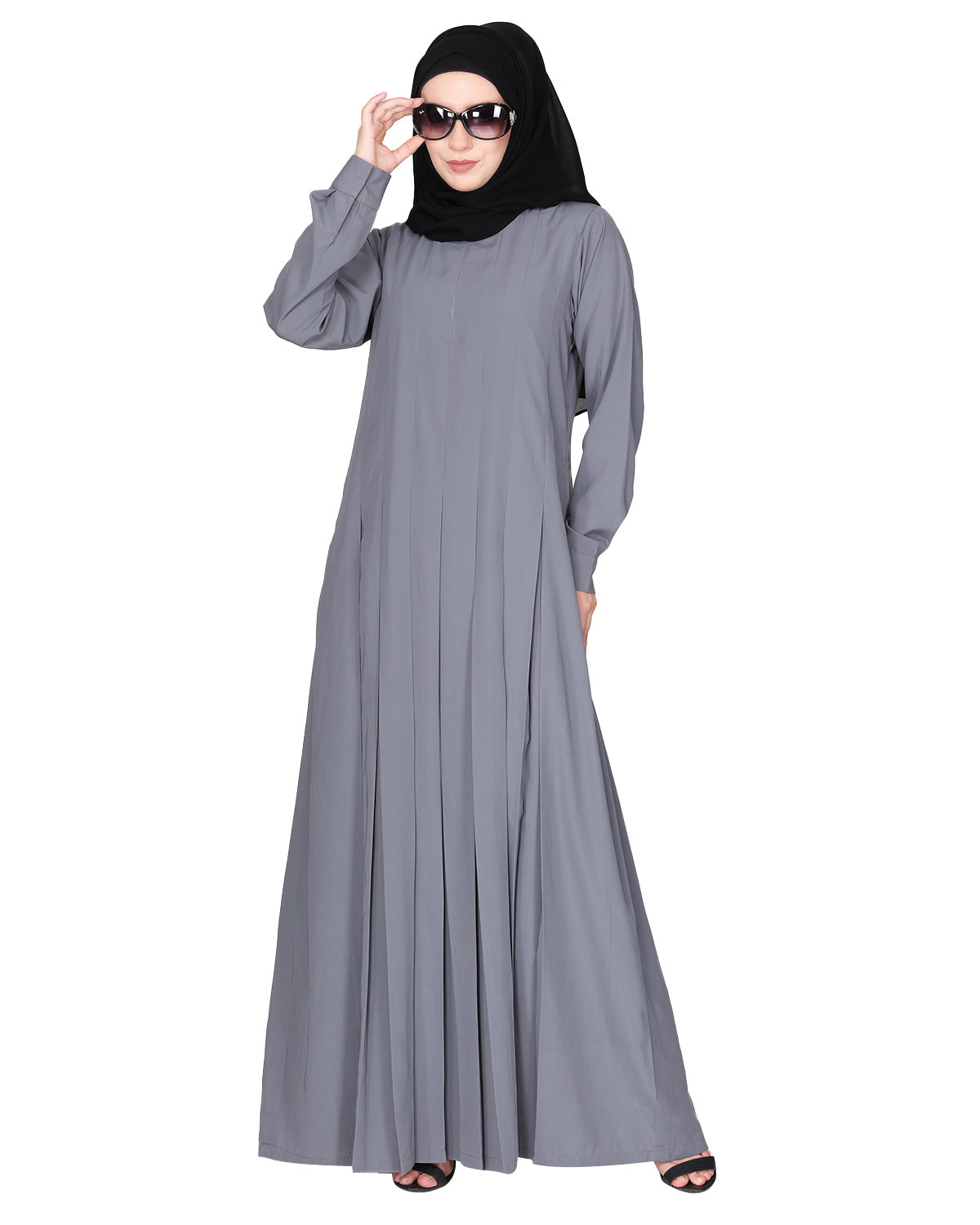 An Umbrella Style Pleated Abaya With Pinstriped Yolk