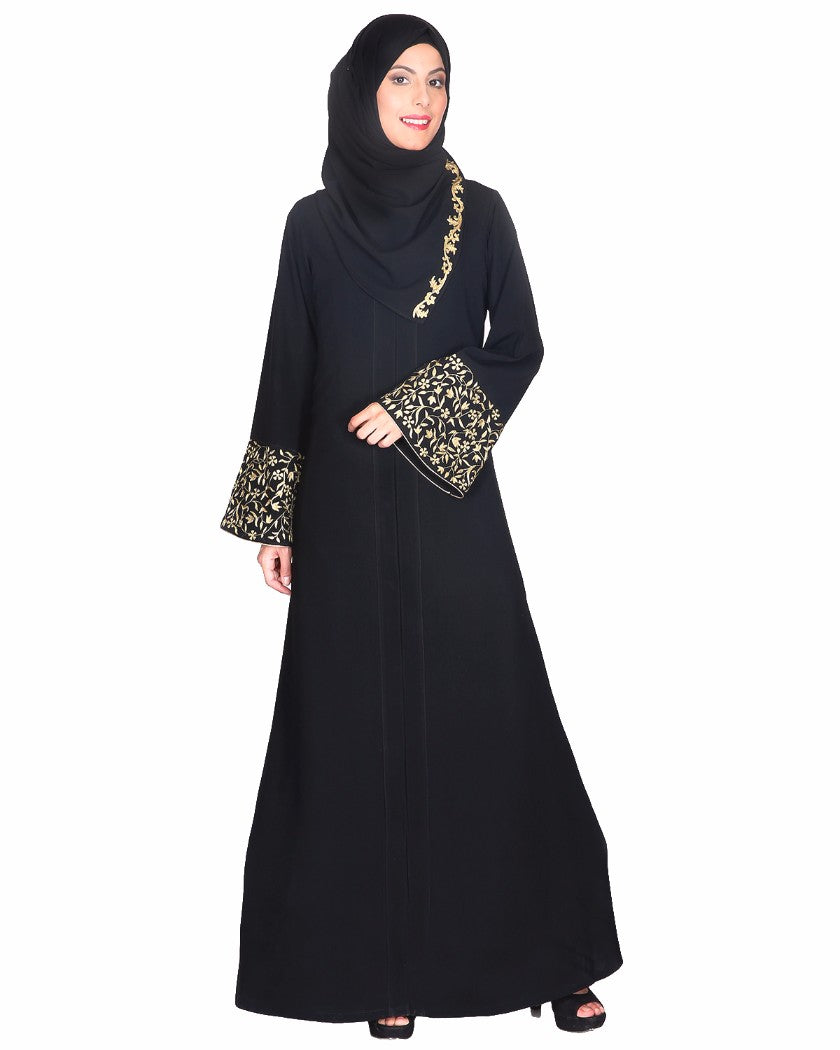 Black Abaya With Gold Zari Designer Embroidered Bell Sleeve