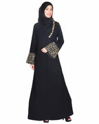 Black Abaya With Gold Zari Designer Embroidered Bell Sleeve