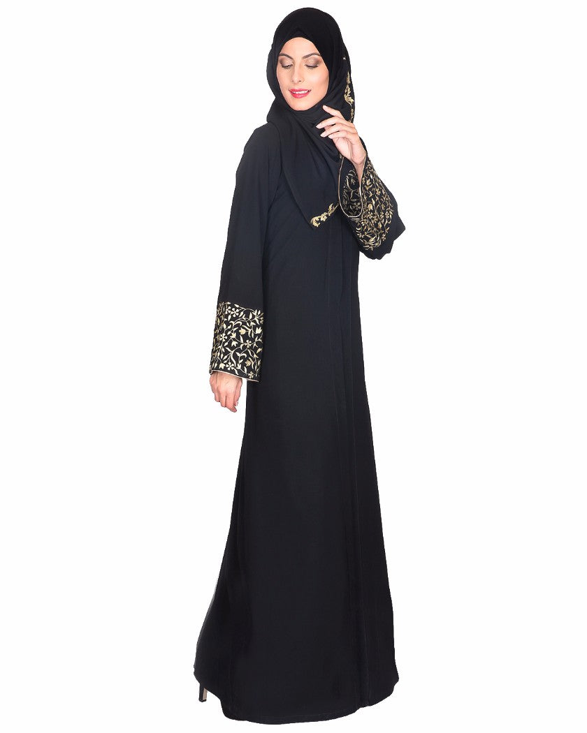 Black Abaya With Gold Zari Designer Embroidered Bell Sleeve