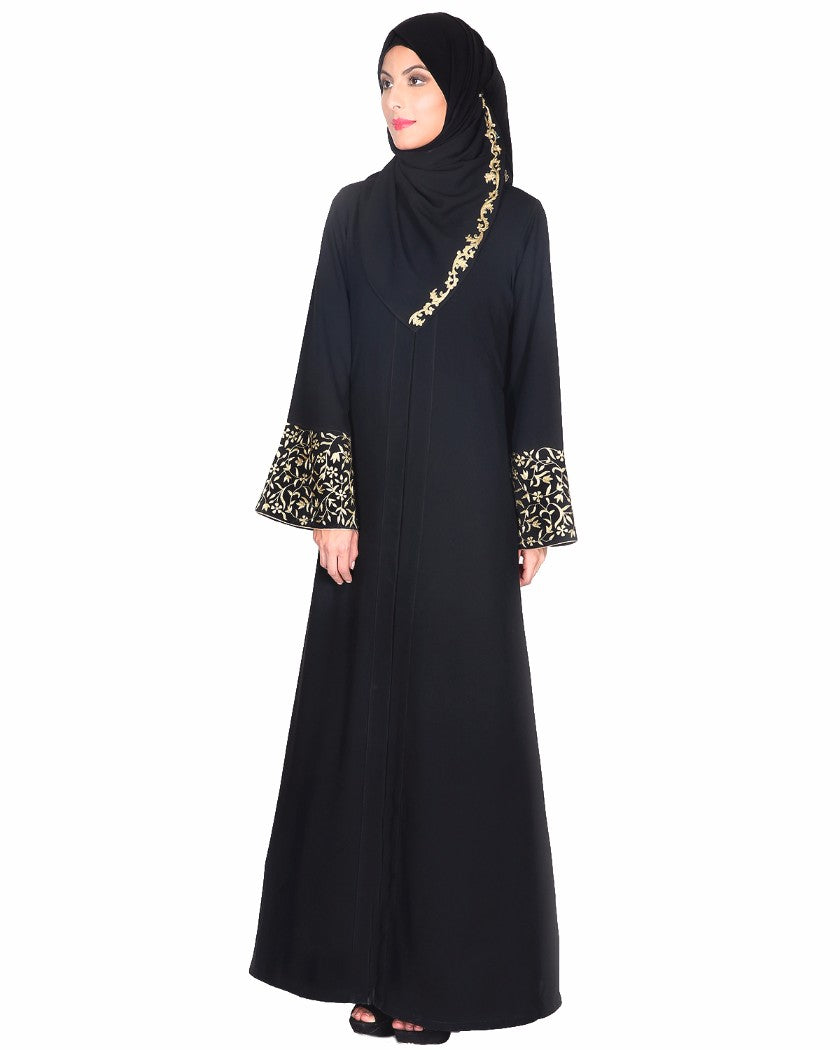 Black Abaya With Gold Zari Designer Embroidered Bell Sleeve