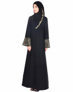 Black Abaya With Gold Zari Designer Embroidered Bell Sleeve
