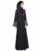 Black Abaya With Gold Zari Designer Embroidered Bell Sleeve