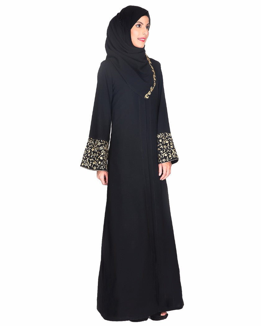 Black Abaya With Gold Zari Designer Embroidered Bell Sleeve