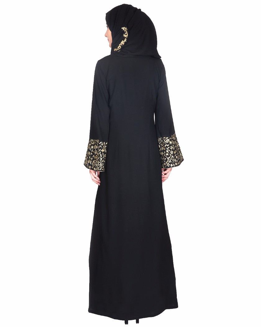 Black Abaya With Gold Zari Designer Embroidered Bell Sleeve